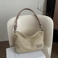 Borsa a tracolla in paglia beige con manici in pelle marrone e targhetta logata - Kaki