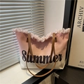 Pink and white gradient canvas tote bag with Summer embroidery and fringed edges - Light Pink