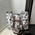 Large butterfly print tote bag with brown leather straps and silver chain accent - Butterfly White