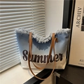 Blue gradient denim tote bag with frayed edges and brown handles for summer style - Dark Blue