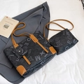 Ensemble sac cabas et pochette à imprimé lettres vintage avec poignées en cuir marron - Noir