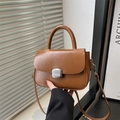 Minimalistische braune Lederhandtasche mit silberner Schnalle und Tragegriff - Braun
