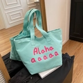 Borsa tote in tela verde menta con scritta Aloha rosa e grande capacità per l'estate - Verde