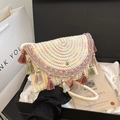 Pochette boho intrecciata beige con nappe colorate e raffinati ricami rosa - Bianco Sporco