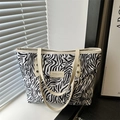 Chic zebra print canvas tote bag with leather logo patch and long shoulder straps - Zebra Print