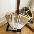 Bolso tote trenzado a rayas en caqui, azul claro y blanco con detalle de lazo de encaje - Sin pañuelo / Azul