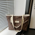 Leopard print tote bag with cream straps and leather fashion label detail - Leopard Brown