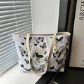 White casual tote bag with black butterfly print and beige leather shoulder straps - Butterfly Black