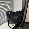 Minimalist black faux leather tote bag with long shoulder straps and large capacity - Black