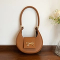 Brown Saffiano leather crescent underarm bag with gold metal bow buckle and top handle - Yellow Brown