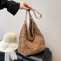 Braune gewebte Tragetasche mit Rauten-Häkelmuster und geräumigem Schulterdesign - Normales Khaki