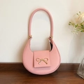 Pink crescent underarm bag with golden bow hardware and cross-grain texture leather - Pink