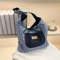 Blue plaid canvas shoulder bag with denim pocket and decorative bow detail - Blue Checkered Side A