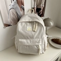 Sac à dos crème minimaliste avec écusson smiley jaune et broderie de mode - Blanc
