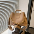Minimalist khaki shoulder bag with metal ring handle and wide jacquard strap - Khaki