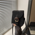 Vertical minimalist crossbody phone bag in black matte leather with crescent metal buckle - Black