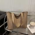 Bolso tote minimalista de cuero tejido beige con gran capacidad y estilo urbano - Caqui