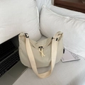 Minimalist creamy white crescent shoulder bag in soft canvas with adjustable strap - White
