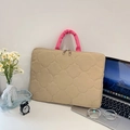 Quilted beige laptop sleeve with pink handles and secure double zipper closure - Horizontal Khaki