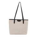 Minimalist cream nylon tote bag with black leather handles and fashion logo patch - White