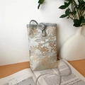 Sac téléphone style chinois gris avec broderie dorée et bandoulière à cordon - Bleu