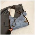 Detail of blue denim textured tote bag with brown straps and small round coin purse - Blue