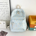 Zaino celeste con graziose stampe di gatti e fiocchi e ampie tasche con cerniera - Blu