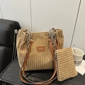 Kaki corduroy shopper en pouch set met metalen kettinghandvat voor dagelijks gebruik - Khaki