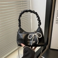 Elegant black pleated cloud bag with pearl bow decoration and silver heart charm - Black