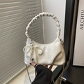 White ruched handle cloud bag with pearl bow and metal chain strap for women - White
