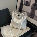 Elegant white crochet lace tote bag with thin shoulder straps and gold metal hooks - White