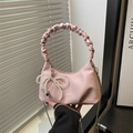 Pink soft PU leather cloud bag with pleated handle, pearl bow, and gold chain strap - Pink