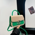 Sac à main vert pour femme avec texture tissée beige et fermoir doré métallisé - Vert