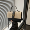Contrast vintage handbag in black leather and beige woven material with H buckle - Black