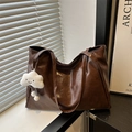 Dark brown faux leather tote bag with white cloud plush charm and shoulder straps - No Pendant / Brown