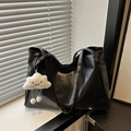 Minimalist black PU leather tote bag with a cute plush cloud charm for daily commute - No Pendant / Black