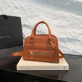 Brown orange litchi grain leather shell tote bag with detachable shoulder strap - Brown