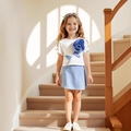 Detail of white T-shirt with 3D light blue flower applique and matching skirt set - 90cm-3Y / Blue