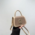 Straw-woven crossbody bag with beige leather trim and a gold M-logo buckle detail - Khaki