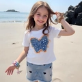 Détail du t-shirt blanc papillon et jupe en jean avec imprimés cœurs pour filles - 90cm / Blanc (Papillon Bleu)