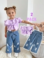 Girl's summer outfit featuring a purple off-shoulder bow top and ripped wide-leg jeans - 73CM-12-18M / Purple Top + Blue Jeans (SH5041)