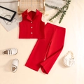 Detalle del conjunto rojo de dos piezas para niña con chaleco y pantalón largo - 90cm-3Y / Rojo