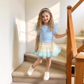 Dettaglio top con maniche a farfalla e gonna tutu sfumata blu per bambina elegante - 100cm (4 Anni) / Blu