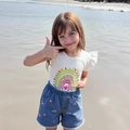 Ensemble d'été fille avec t-shirt arc-en-ciel et short en jean brodé cœur - 90cm-3Y / Haut blanc + short bleu