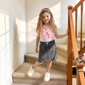 Conjunto de niña con top rosa con flores 3D y falda vaquera de estilo lavado - 90cm-3Y / Rosa