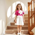 Completo estivo da bambina con top rosa a fiori e gonna a trapezio bianca con fiocco - 90cm-3Y / Bianco