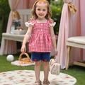 Girls summer set with red plaid sleeveless top and strawberry denim shorts on model - 100cm-4Y / Red Plaid Top and Strawberry Denim Shorts (SH5032)