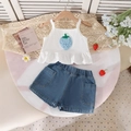 Ensemble d'été pour filles avec caraco fraise au crochet et short en jean - 90cm (3Y) / Fraise Bleue