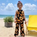 Dettaglio completo estivo per bambine con stampa girasoli e orlo con volant - 90cm-3Y / Girasole Nero (SH5129)