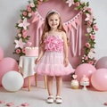 Ensemble jupe tutu rose pour filles avec haut à fleurs 3D et jupon en tulle multicouche - Rose / 100cm-4Y